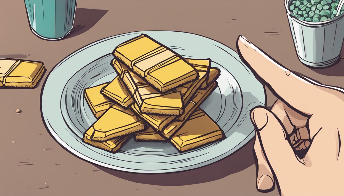 A pile of Step One Foods bars stacked on a plate, with a hand reaching for one but hesitating, suggesting the question of how many servings is too much