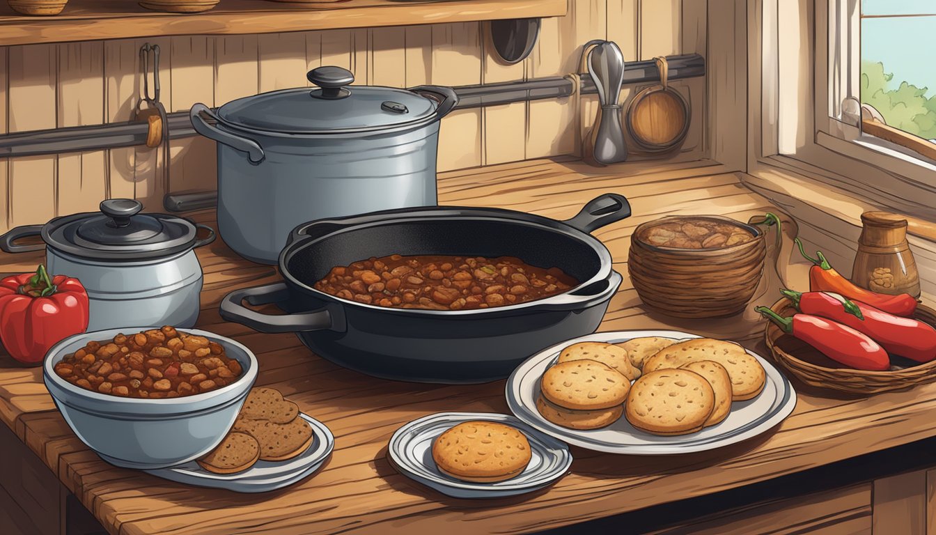 A rustic kitchen with a pot of bubbling chili, a cast-iron skillet of sizzling steak, and a basket of freshly baked biscuits