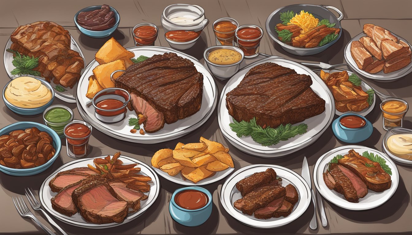 A table set with a variety of dishes, including steaks, ribs, and desserts, all drizzled with savory and sweet Wyoming sauces