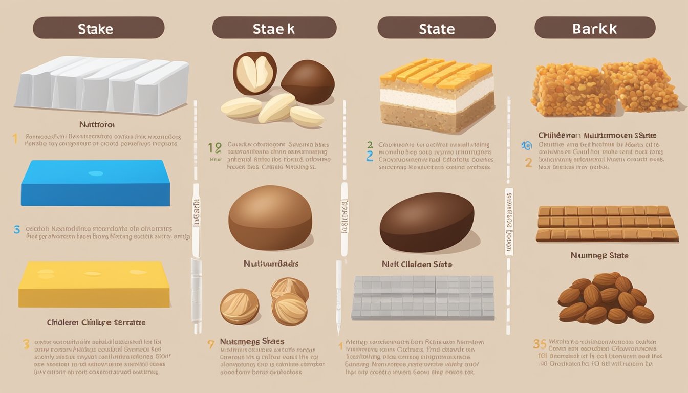 A table with various groups labeled (children, adults, elderly) and a stack of nutmeg state nutrition bars with serving sizes marked