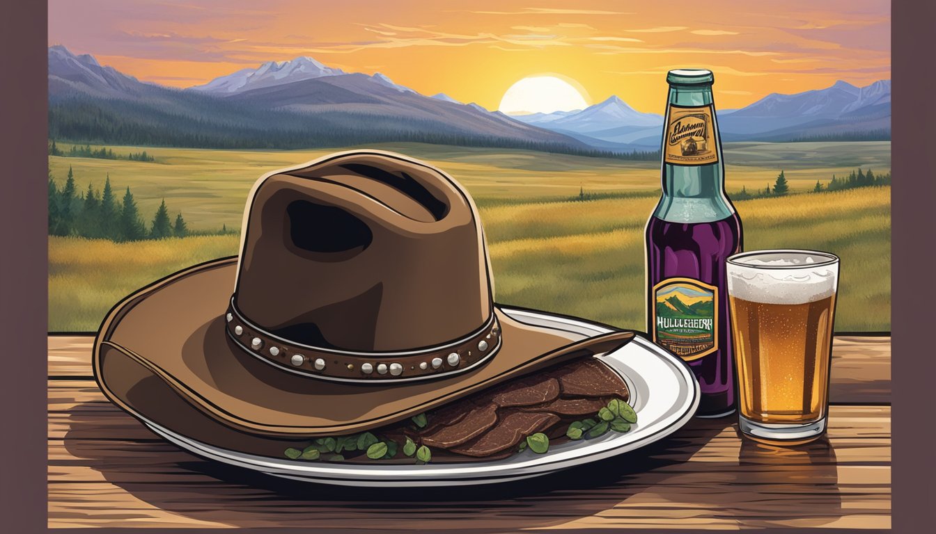 A cowboy hat and boots beside a bottle of huckleberry soda, with a backdrop of Wyoming's rolling hills and a plate of bison jerky