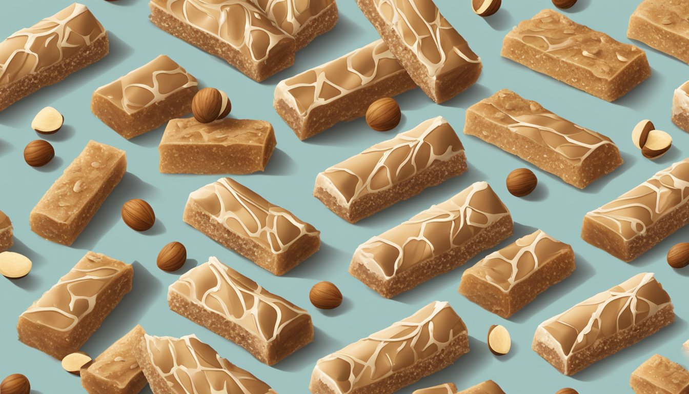 A pile of nutrition bars surrounded by scattered nutmeg, with a question mark hovering above them