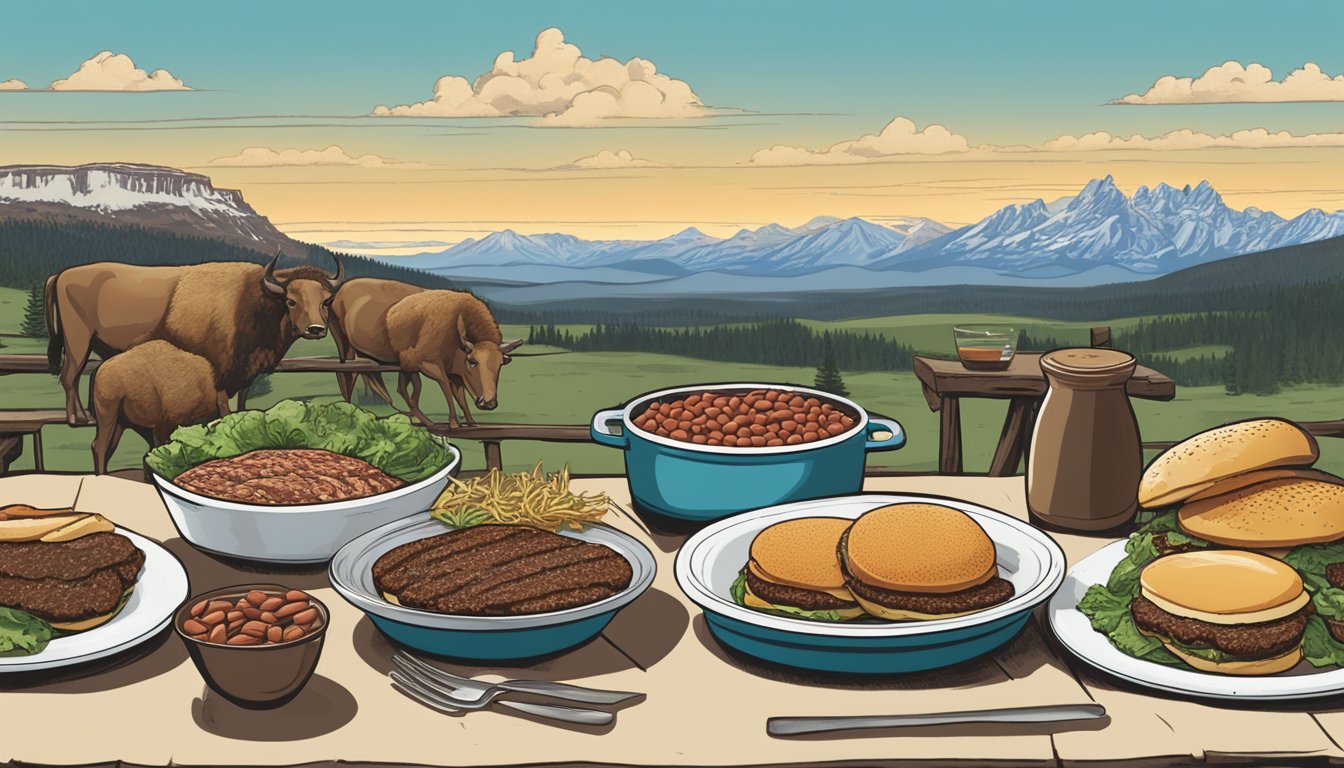 A table spread with iconic Wyoming dishes: buffalo burgers, trout, and cowboy beans, surrounded by sweeping mountain vistas