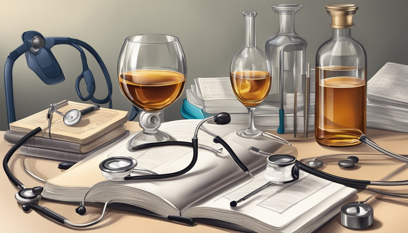 A table with multiple glasses of Armagnac, some empty and some full, surrounded by medical textbooks and a concerned doctor's stethoscope