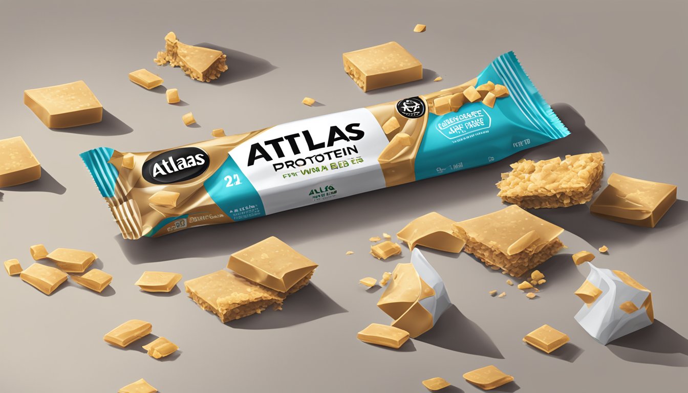 A pile of empty Atlas protein bar wrappers scattered around, with a half-eaten bar on a table