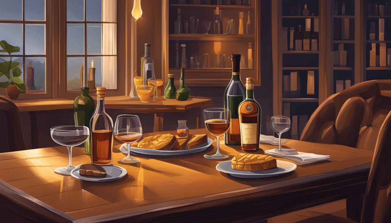 A table with a bottle of Armagnac, a couple of glasses, and a cozy setting with dim lighting and comfortable chairs