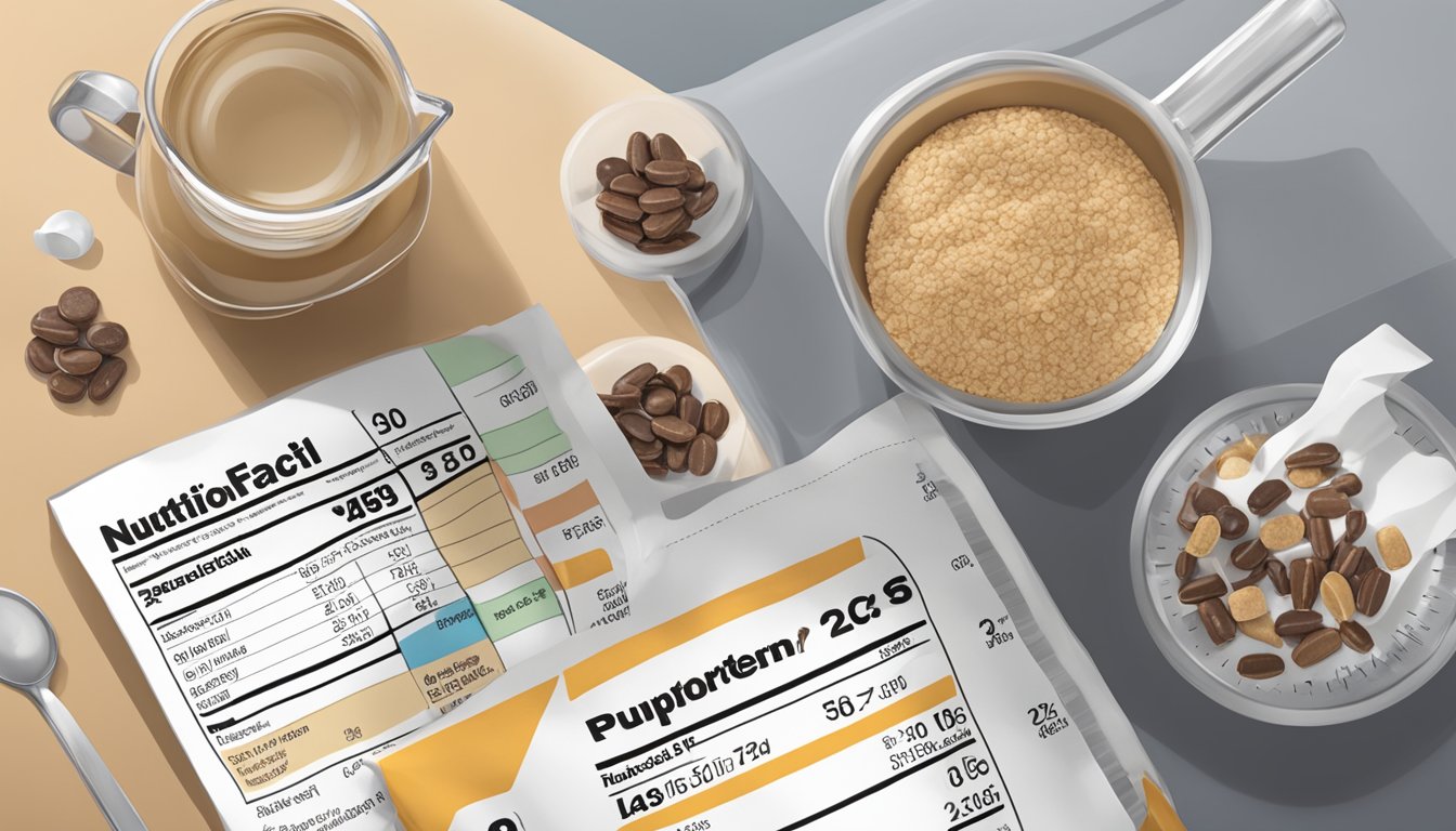 A table with an assortment of Atlas protein bars, a measuring cup, and a nutrition label