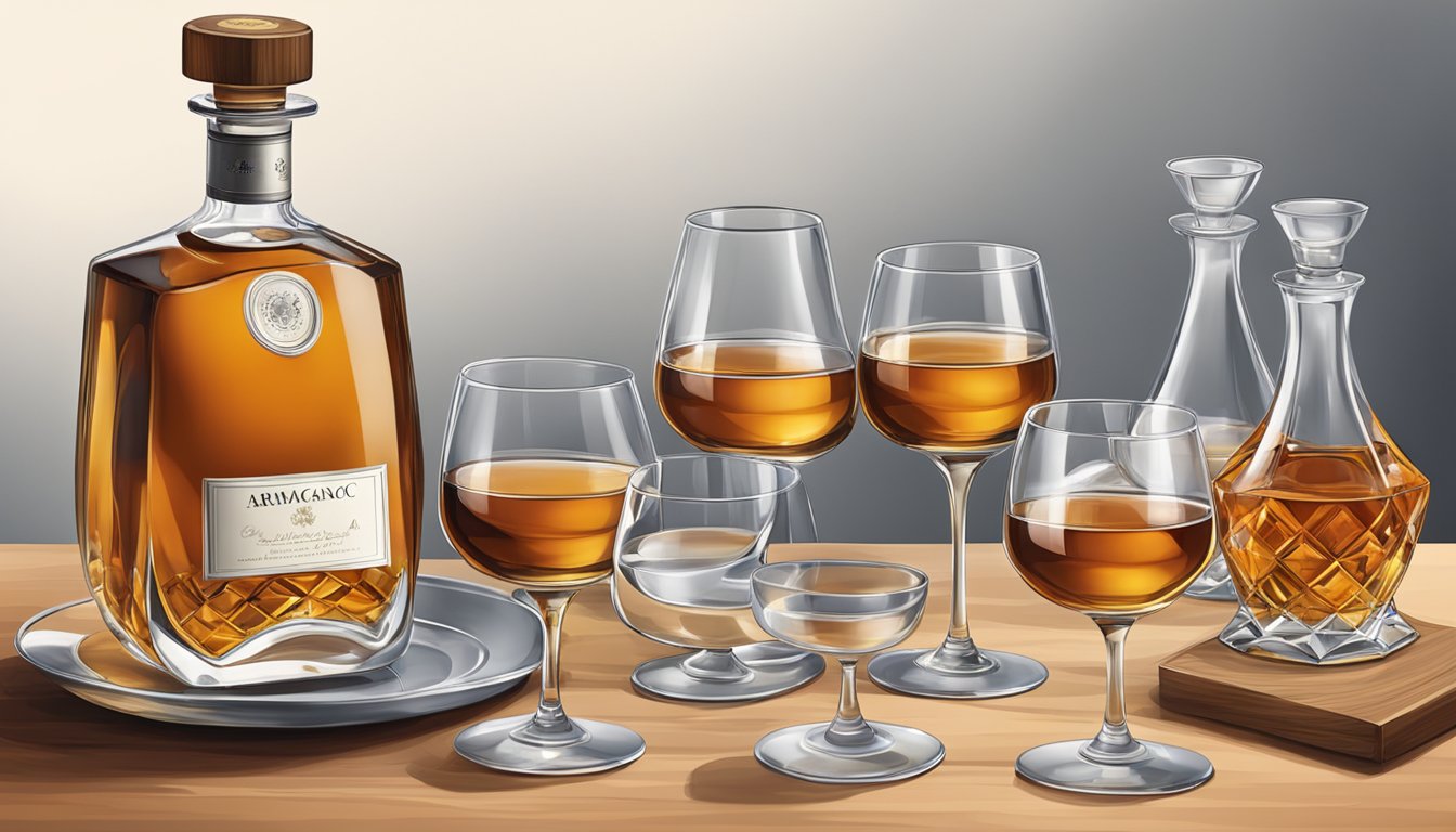 A table set with multiple glasses of Armagnac, some empty, some full, and a decanter of the spirit alongside