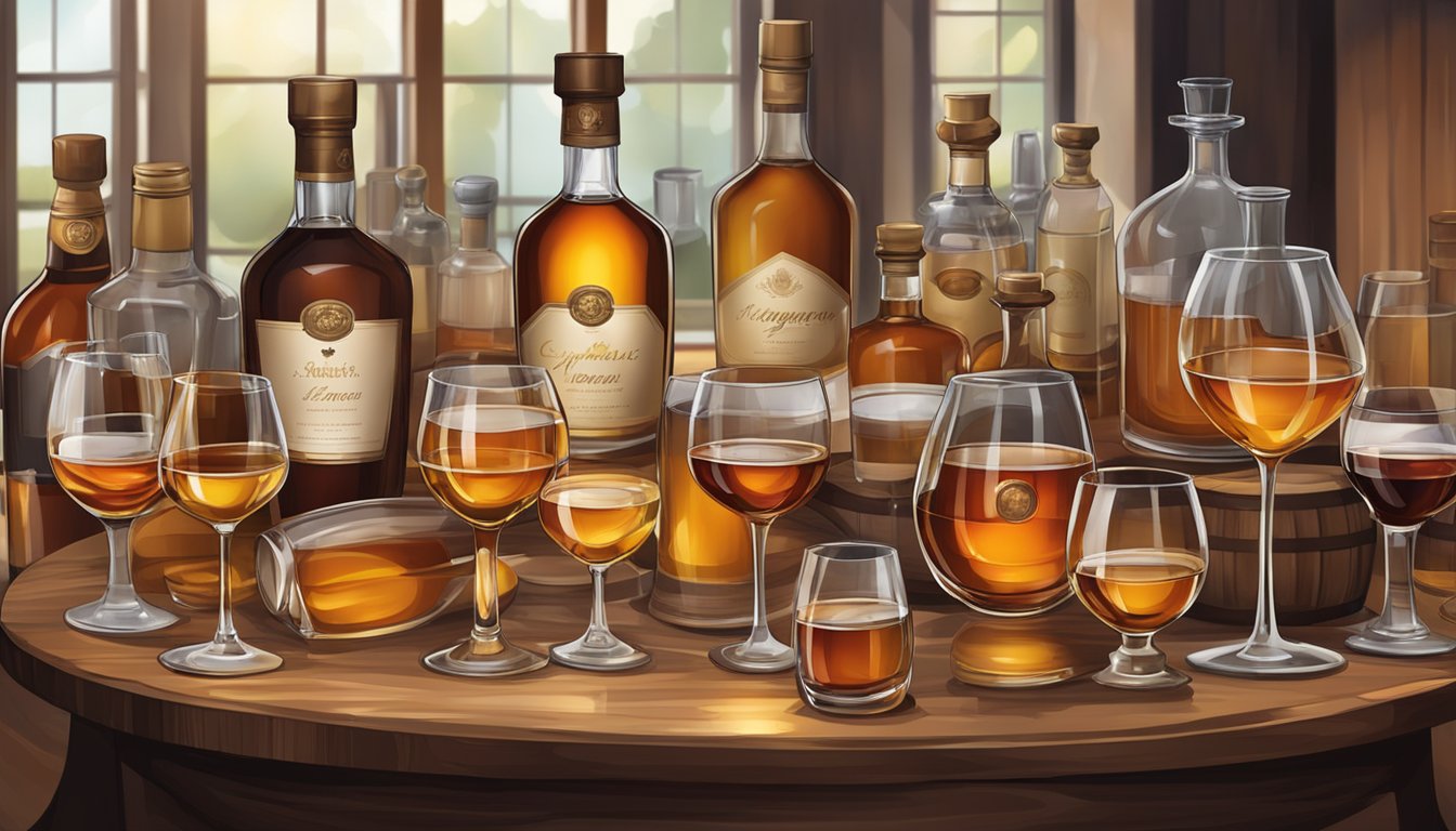 A table set with various glasses of Armagnac, each with a different color and shape, surrounded by bottles and barrels of the spirit