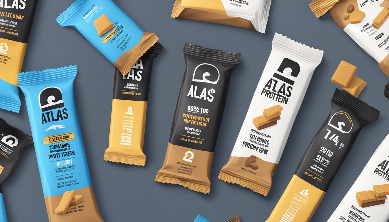 A towering stack of Atlas protein bars, with a warning label and a question mark hovering above