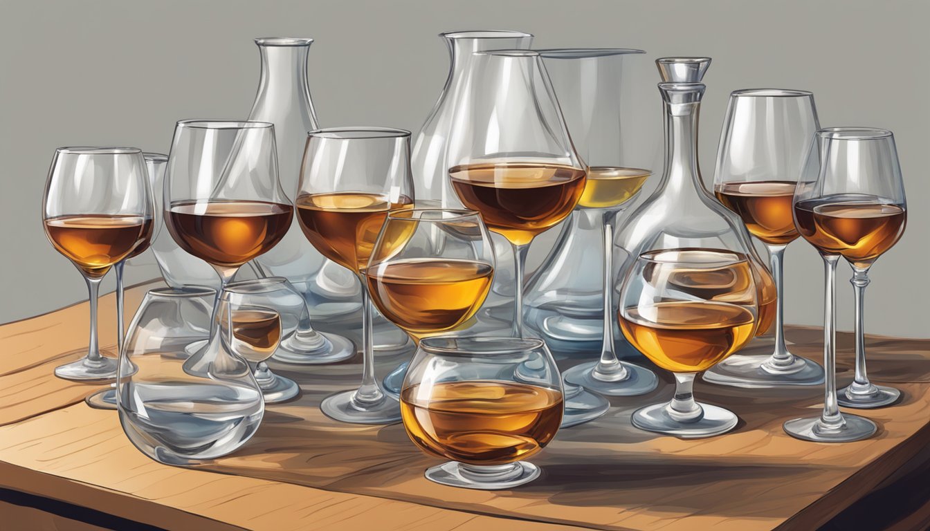 A table set with multiple glasses of Armagnac, some empty, some partially filled, and one overflowing