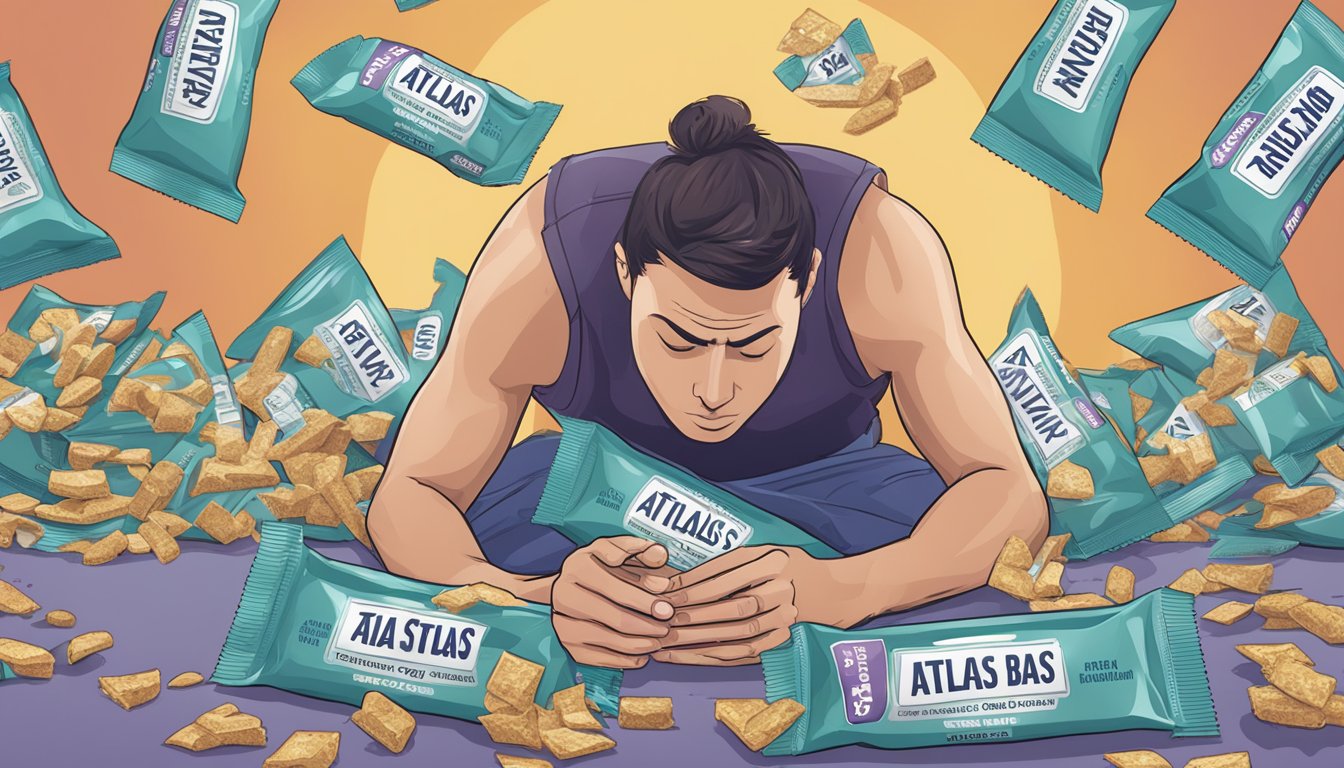 A person surrounded by empty Atlas protein bar wrappers, looking overwhelmed