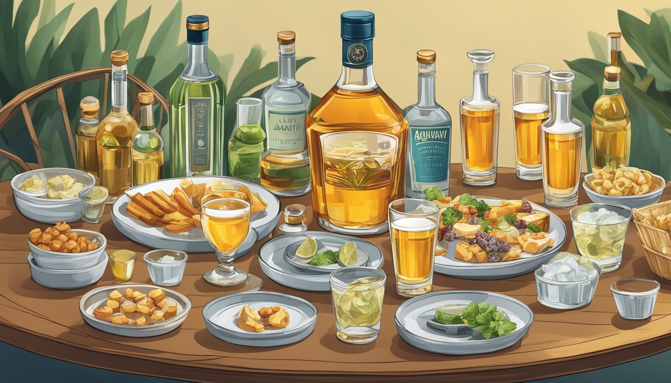 A table with multiple shot glasses of aquavit, some empty and some full, surrounded by a variety of appetizers and a bottle of aquavit