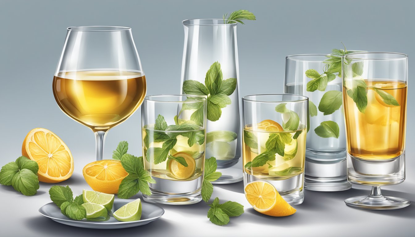 A table set with various glasses of aquavit, some empty, some full, with different garnishes and serving sizes