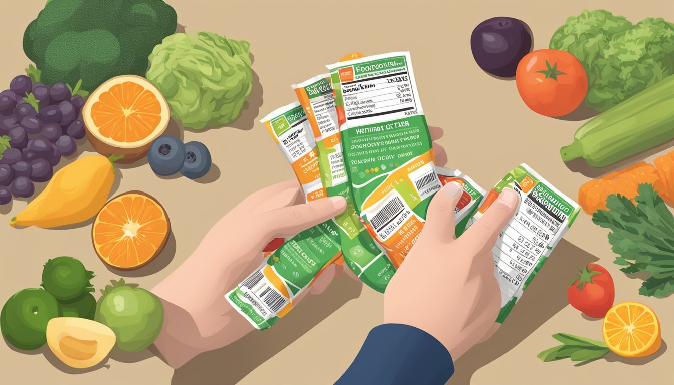 A stack of protein bar wrappers with a nutrition label, surrounded by various fruits and vegetables, with a nutritionist's hand pointing to a recommended serving size