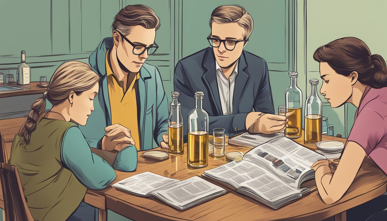 A table with multiple empty aquavit glasses, a bottle, and a concerned person looking at a health guidebook