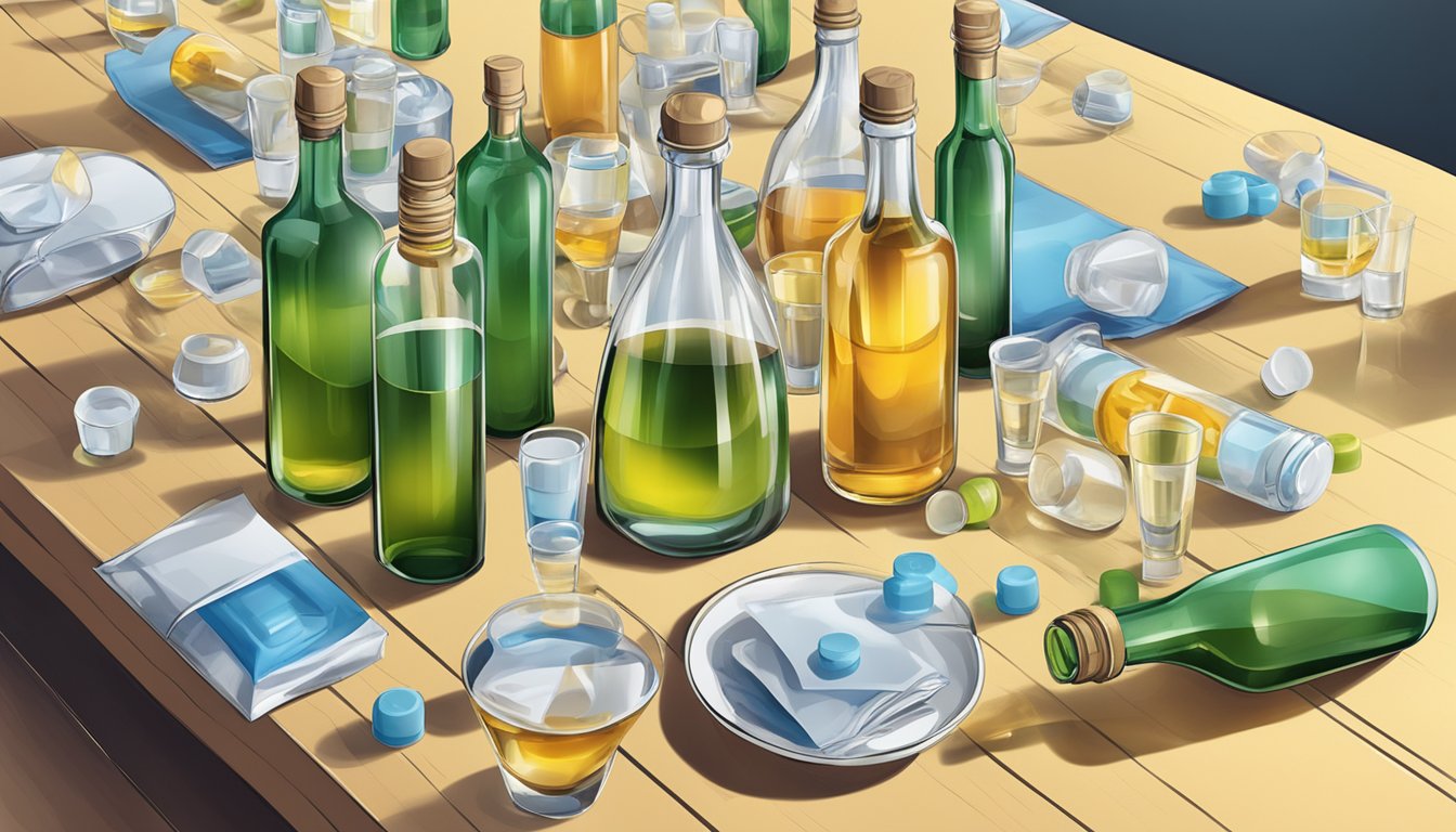 A table with multiple empty aquavit glasses and bottles, surrounded by electrolyte supplements and alcohol