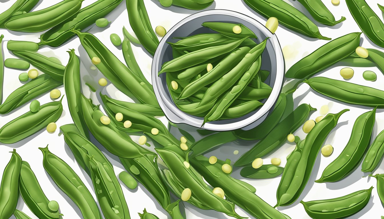 A pile of green beans spilling out of a measuring cup, surrounded by scattered vitamin K supplements