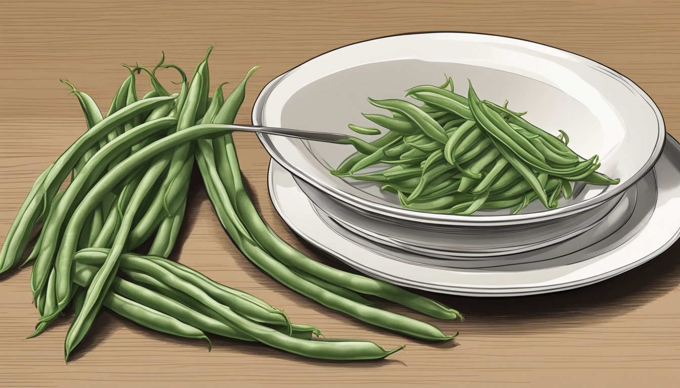 A plate with a pile of green beans next to a measuring cup