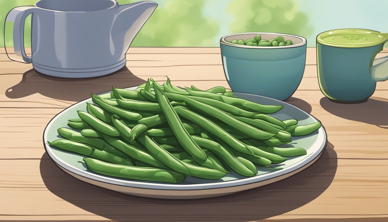 A plate of green beans next to a measuring cup, with the beans spilling out to show the equivalent of daily vitamin K intake