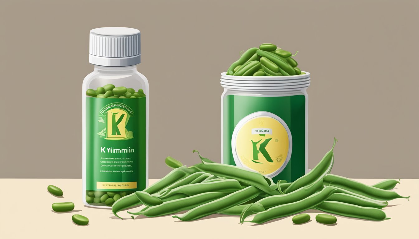 A pile of green beans spilling out of a measuring cup, with a vitamin K supplement bottle nearby