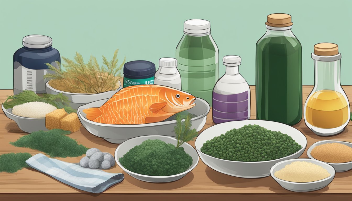 A table with various iodine-rich foods like seaweed, fish, and dairy, alongside a bottle of iodine supplements