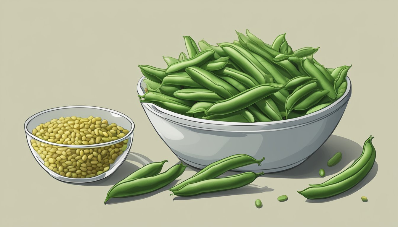 A pile of green beans next to a measuring cup, with a daily vitamin K intake value displayed