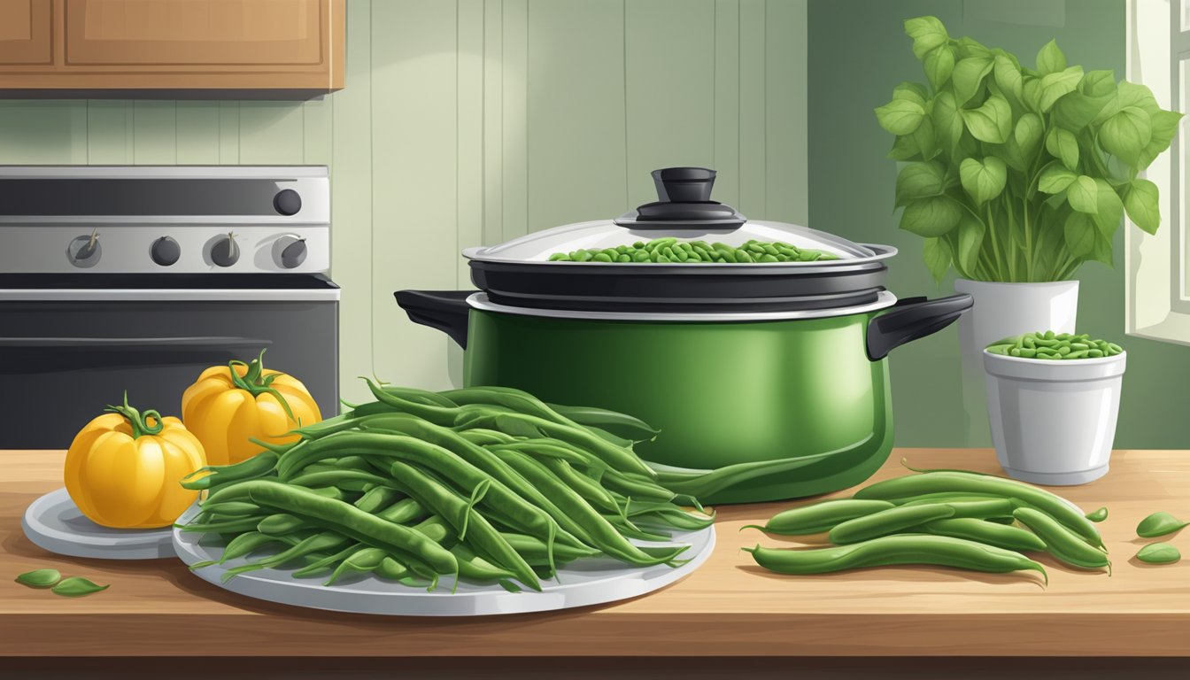 A kitchen counter with a pile of fresh green beans, a cutting board, and a pot on a stove