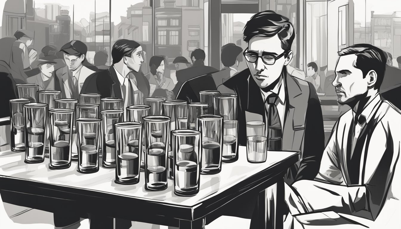 A table with multiple empty shot glasses, a nearly empty bottle of Jägermeister, and a concerned expression on a person's face