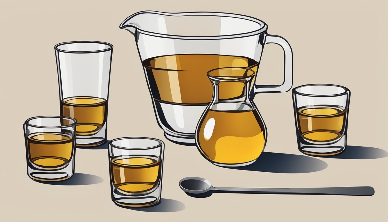 A table with multiple glasses of Calvados, some empty, some partially full, and a bottle of Calvados with a measuring cup next to it