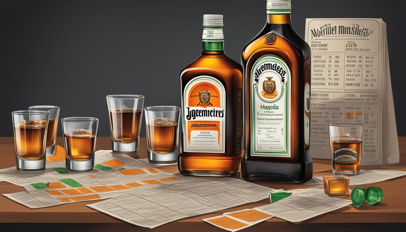 A table with empty shot glasses and a bottle of Jagermeister, surrounded by scattered nutritional information labels