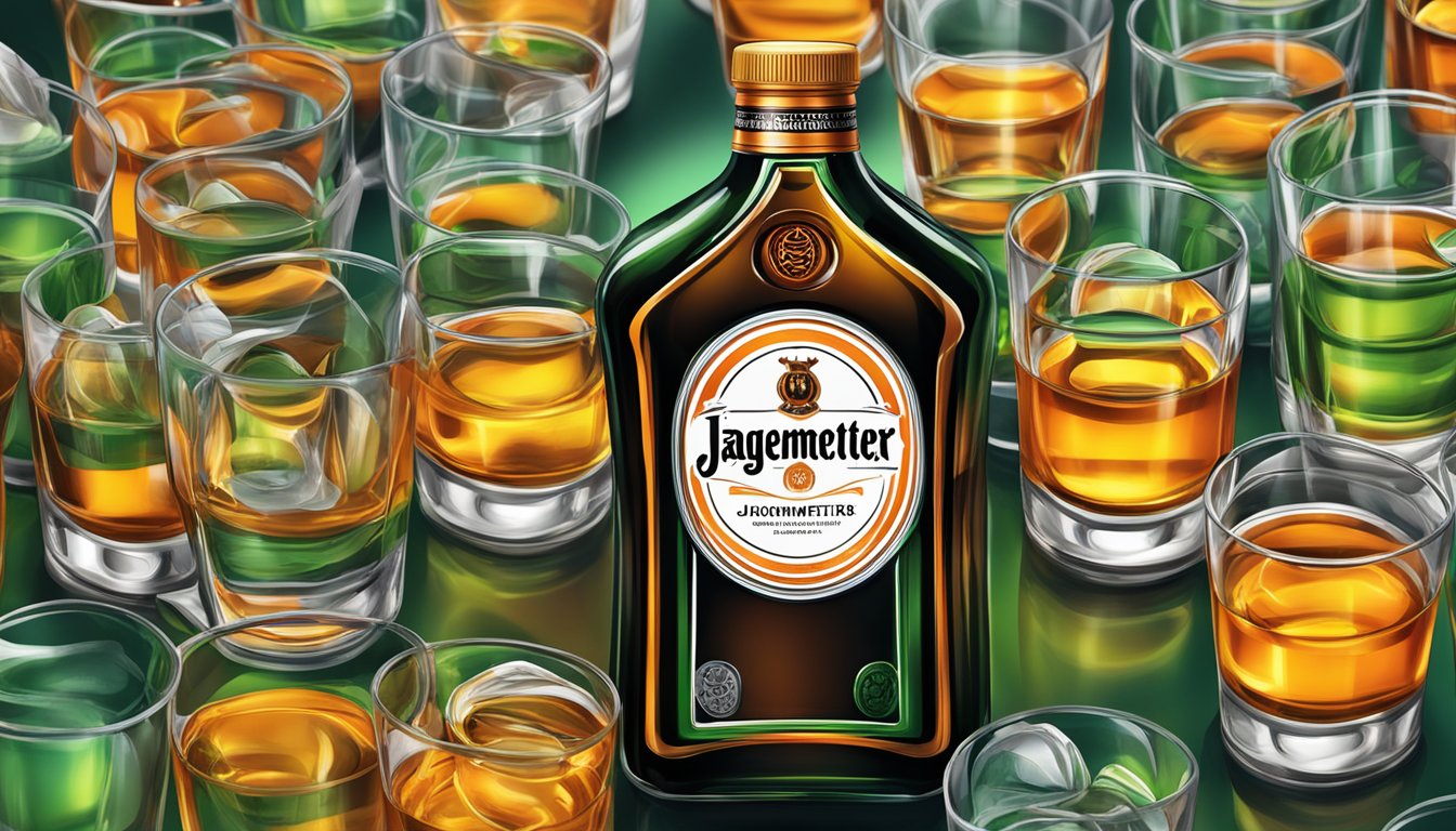 A bottle of Jagermeister surrounded by empty shot glasses