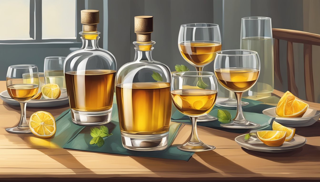 A table with an empty bottle of calvados, surrounded by several empty glasses