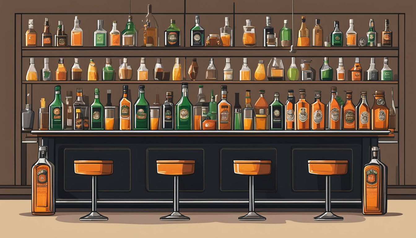 A bar counter with multiple empty Jägermeister shot glasses and a bottle half-empty, surrounded by cocktail shakers and garnishes