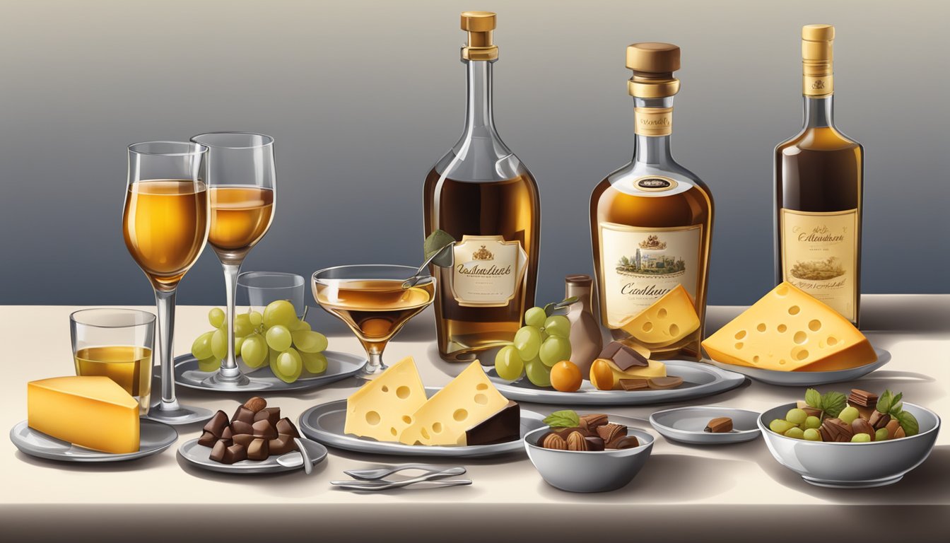 A table set with multiple glasses of calvados, accompanied by various culinary pairings such as cheese, fruit, and chocolate