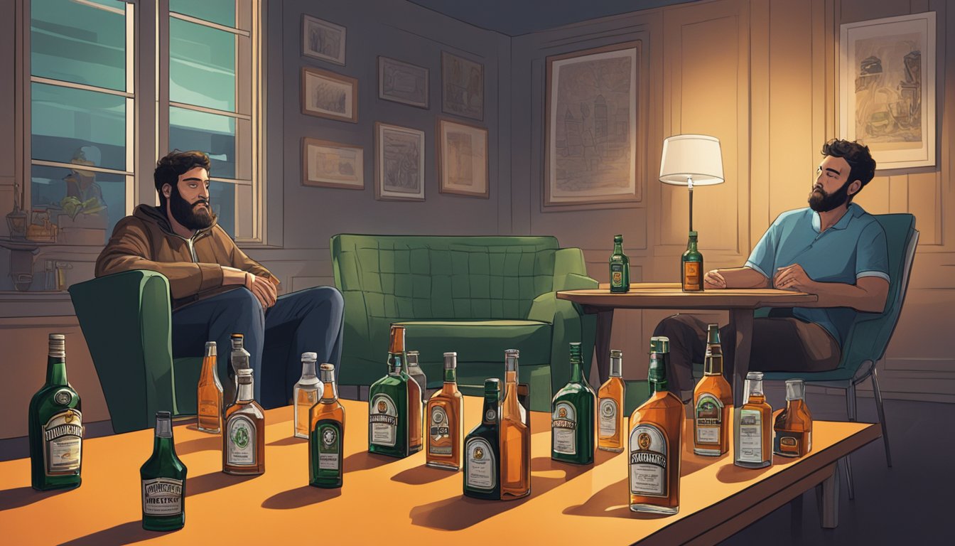 A table with empty Jagermeister bottles scattered around, a person slumped in a chair, and a concerned friend looking on