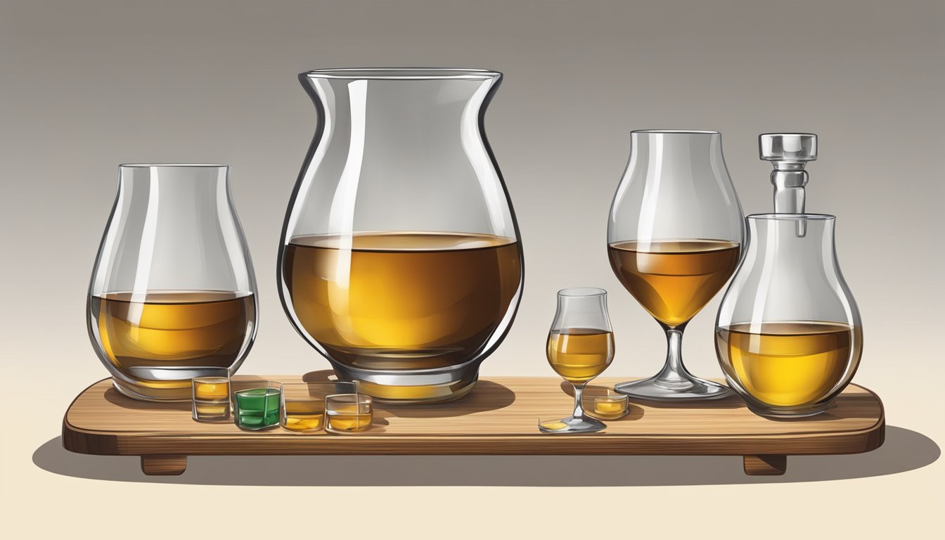 A table with multiple glasses of calvados, some empty and some partially filled, alongside a measuring device to indicate portion sizes