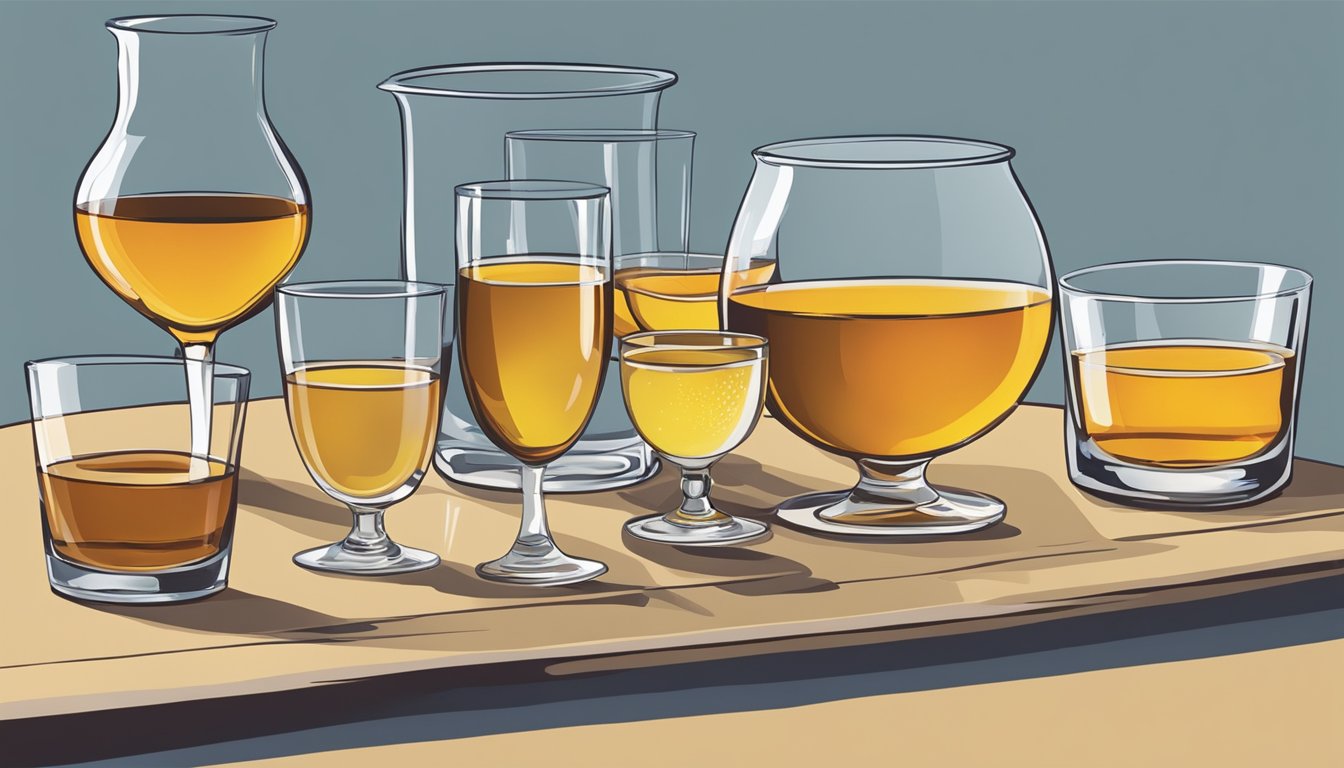 A table with various spirits lined up, a full glass of calvados next to empty ones, suggesting excessive consumption