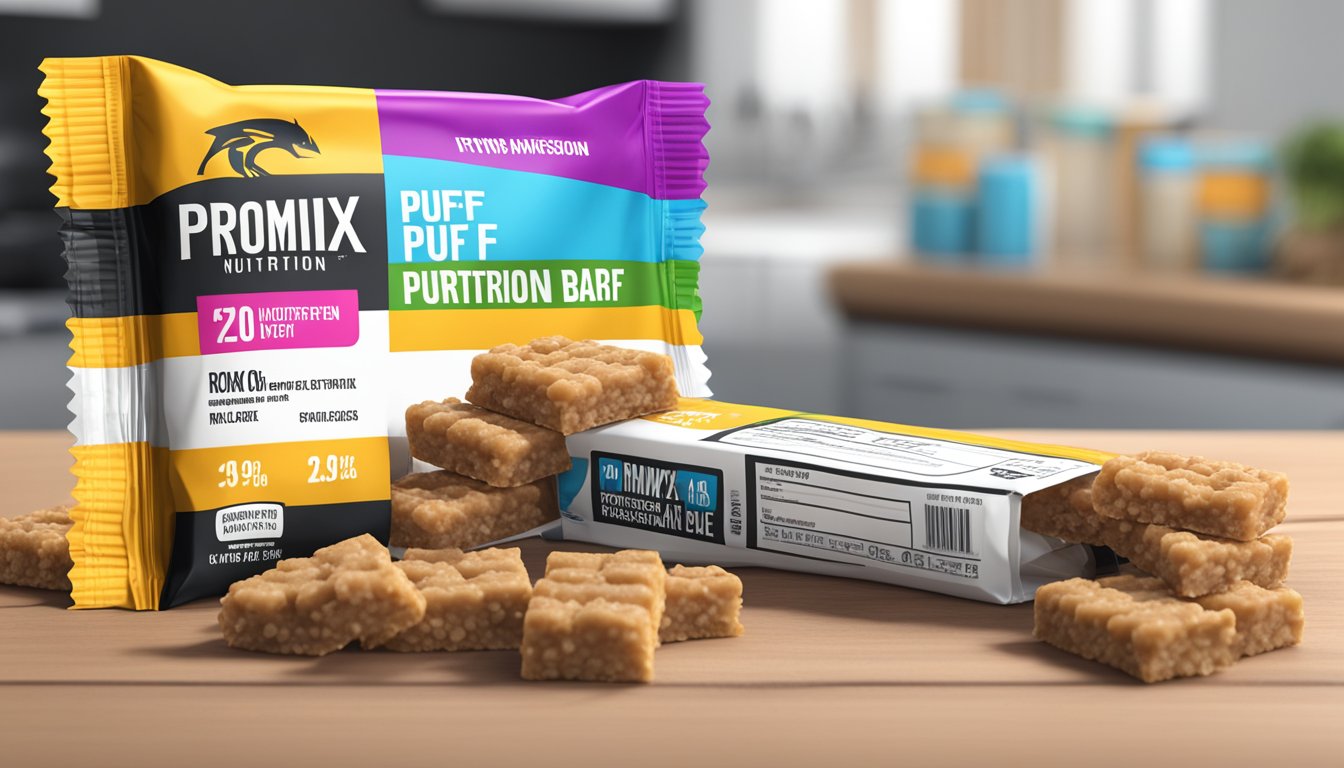 A pile of Promix Nutrition protein puff bars stacked on a table, with a nutrition label and a warning sign next to it