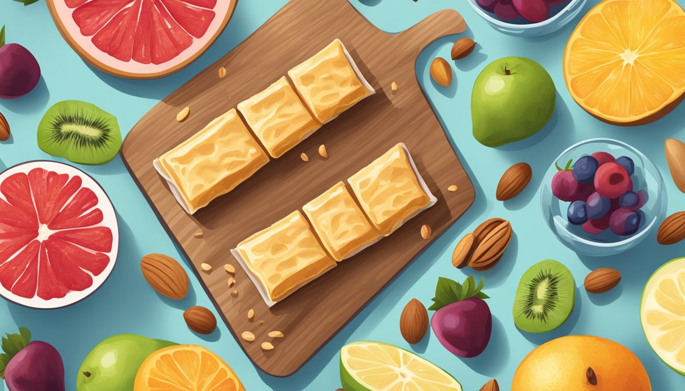 A colorful array of Protein Puff Bars arranged on a wooden cutting board, surrounded by fresh fruits, nuts, and a glass of water