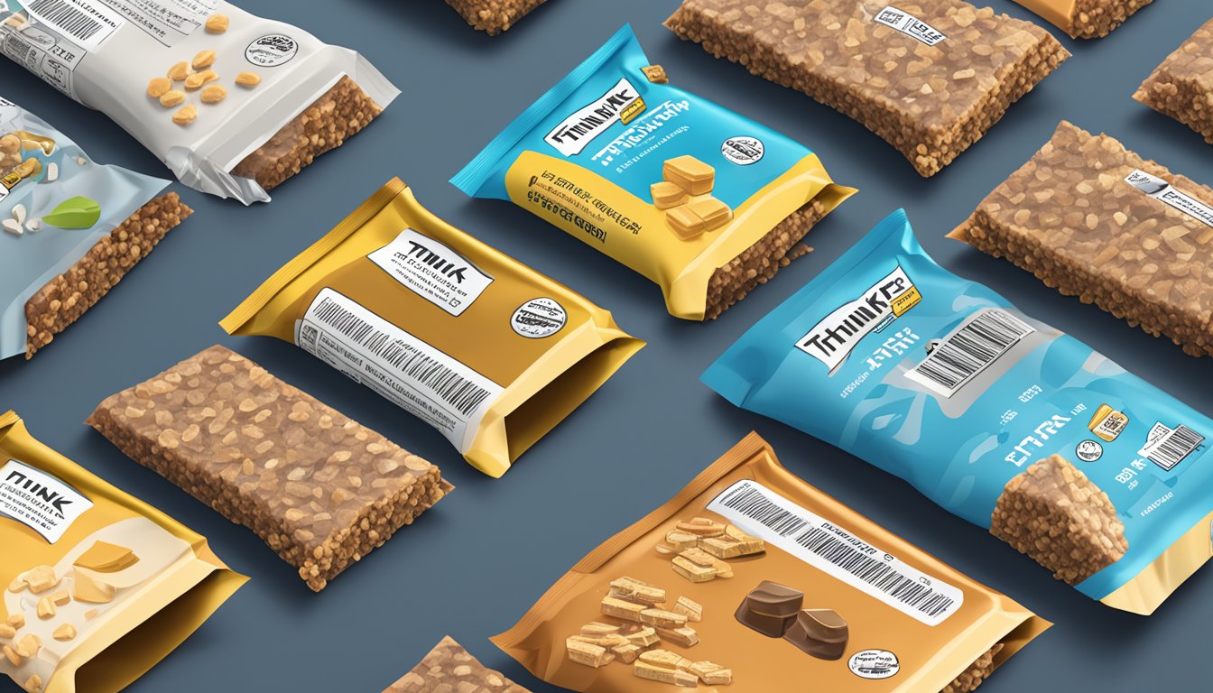 A table filled with an array of think protein bars, with a nutrition label and a pile of empty wrappers nearby