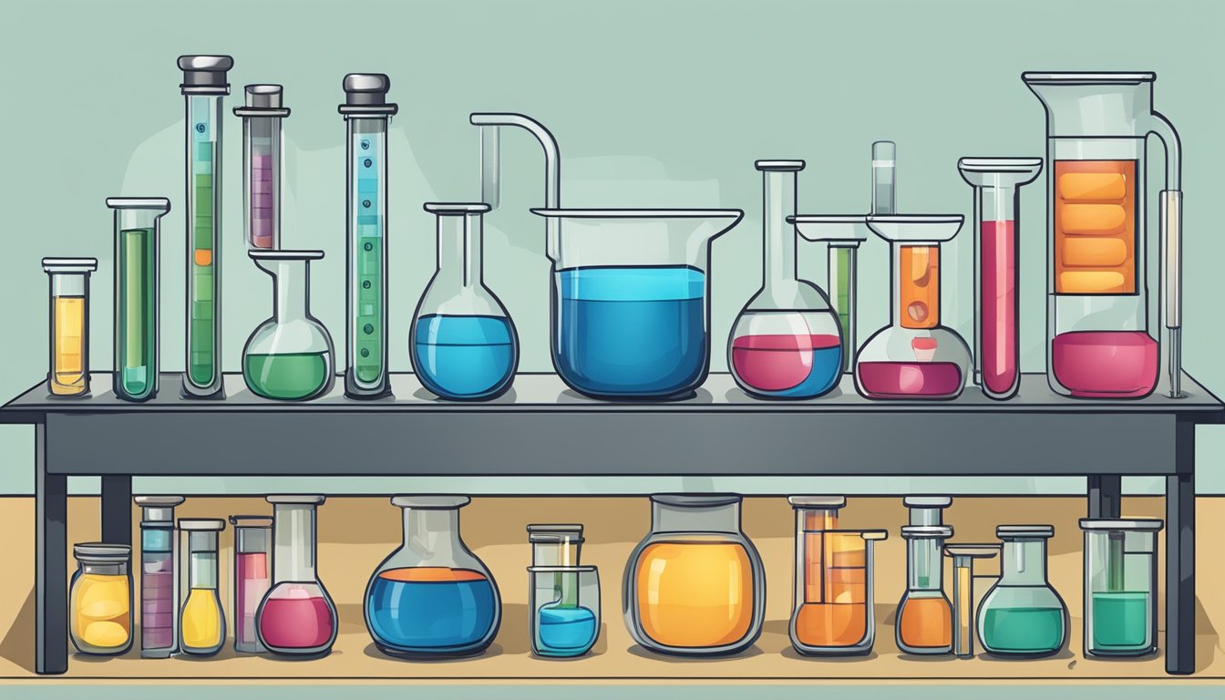 A laboratory table with test tubes and beakers containing various vanadium compounds, alongside a chart showing the recommended dosage for optimal blood sugar regulation