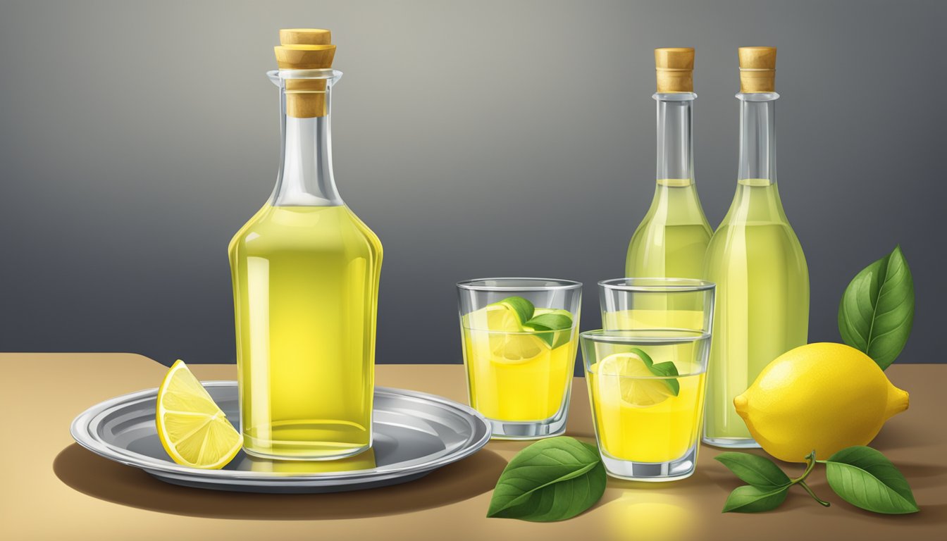 A table set with multiple glasses of limoncello, some empty and some partially filled, with a bottle of limoncello and lemon slices nearby