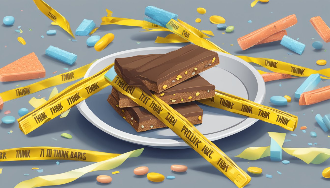 A stack of Think protein bars teetering on a plate, surrounded by caution tape