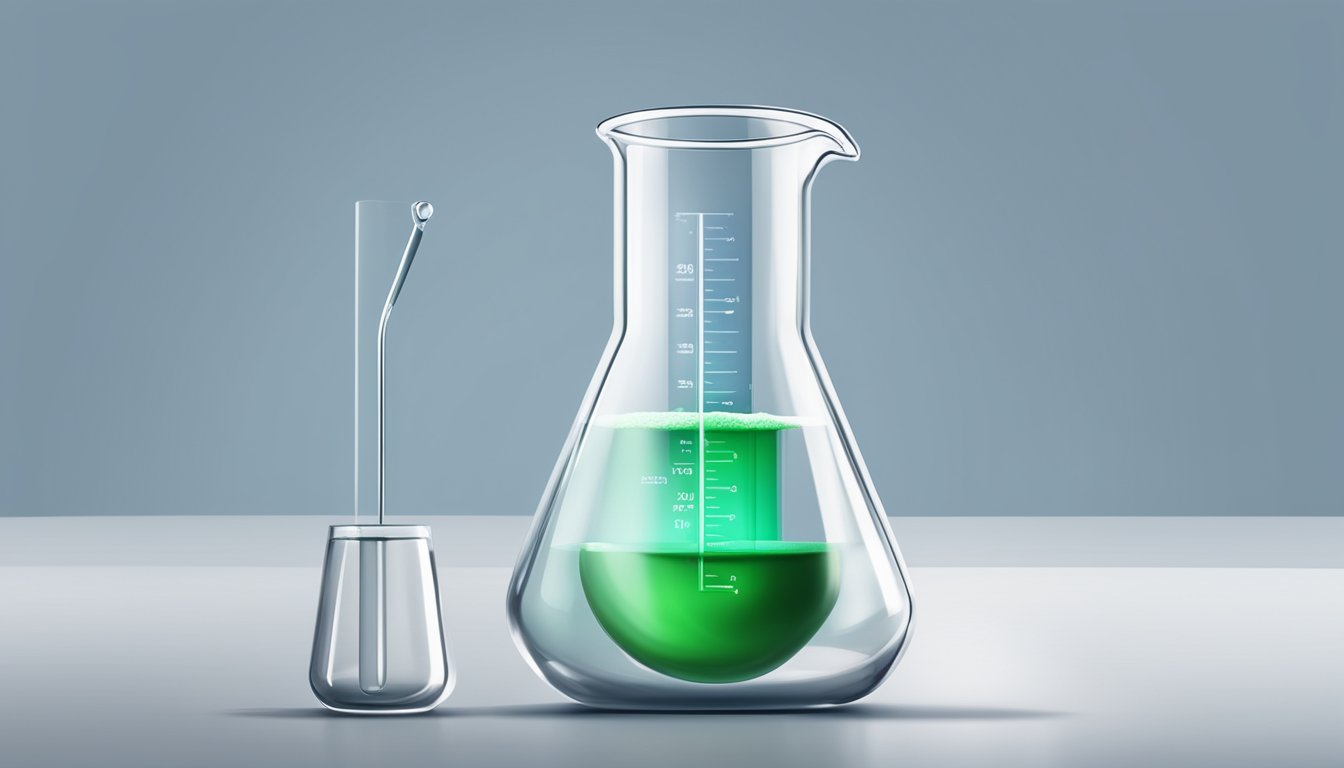 A laboratory beaker filled with a clear liquid solution, with precise measurements and a small amount of vanadium powder being added with a tiny spoon