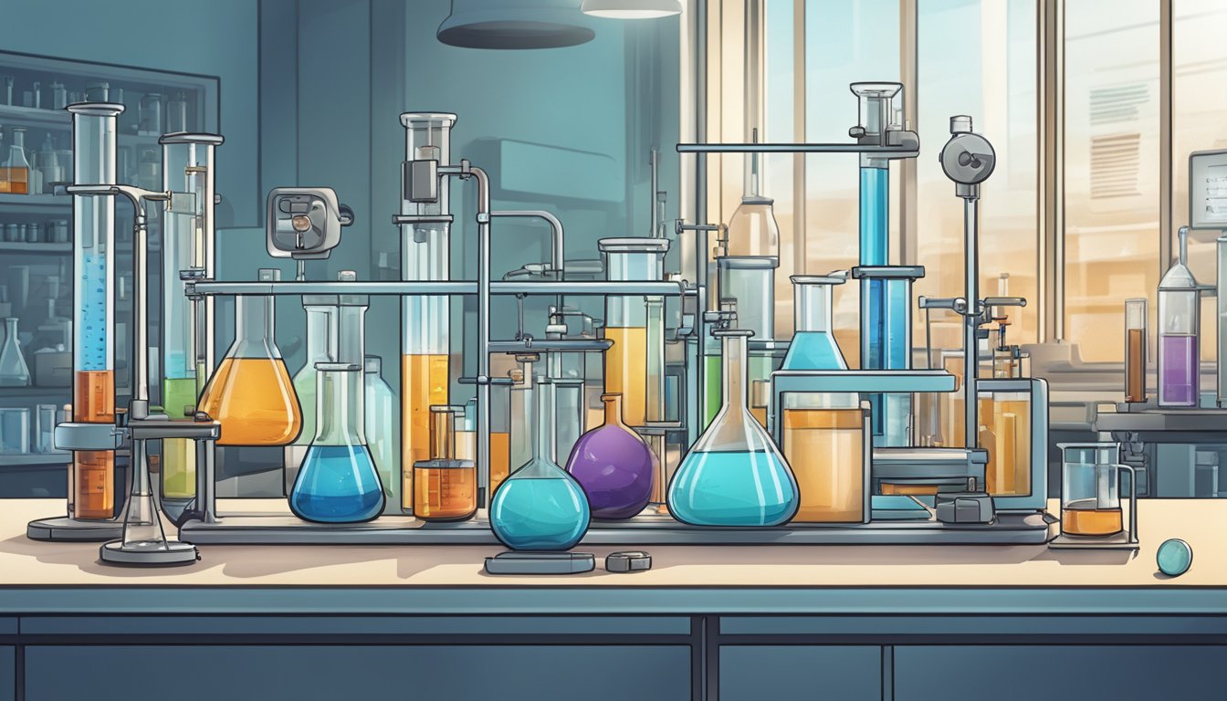 A laboratory setting with various beakers, test tubes, and scientific equipment, all focused on studying the effects of vanadium on blood sugar regulation