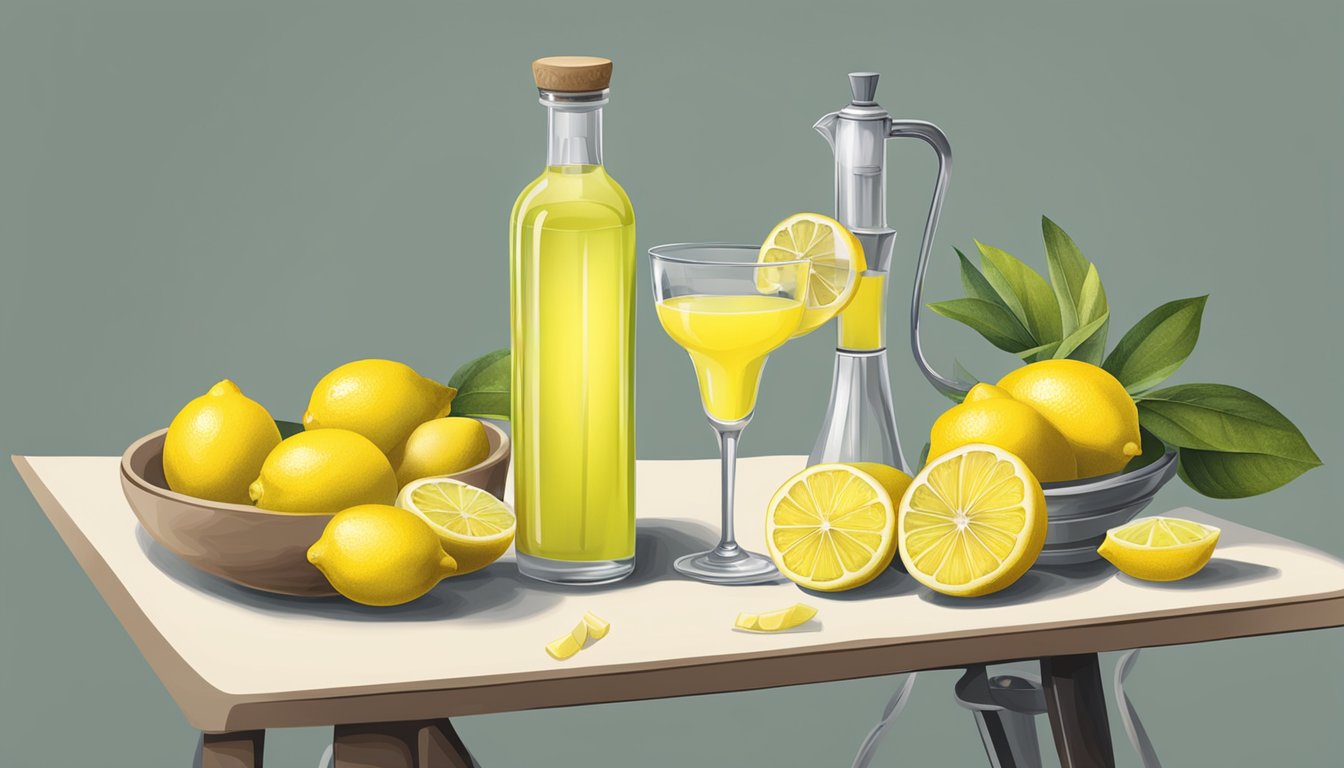 A table with multiple bottles of limoncello, lemons, and a juicer