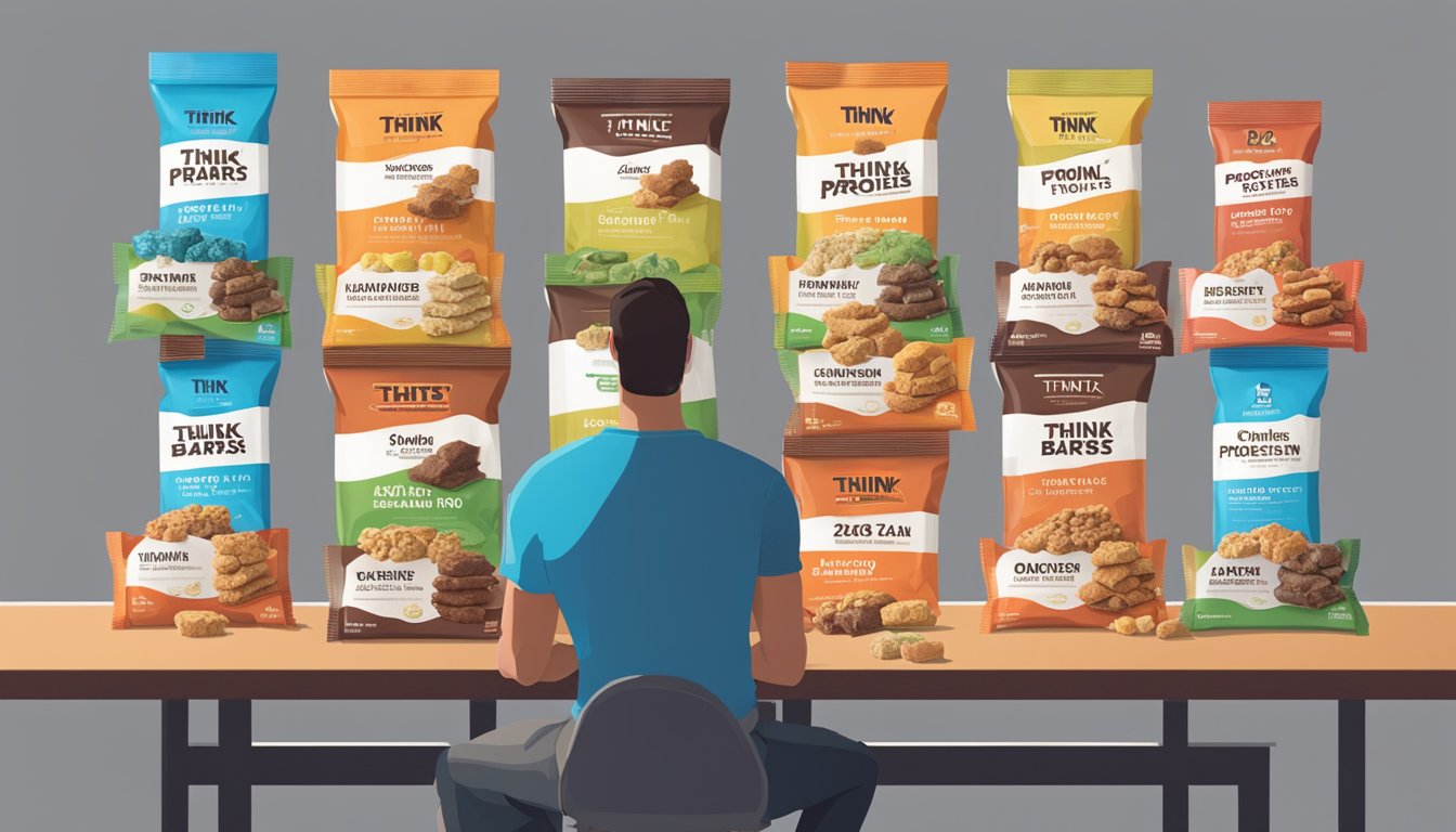 A table with an array of Think Protein Bars in various flavors and serving sizes, with a person pondering over the choices