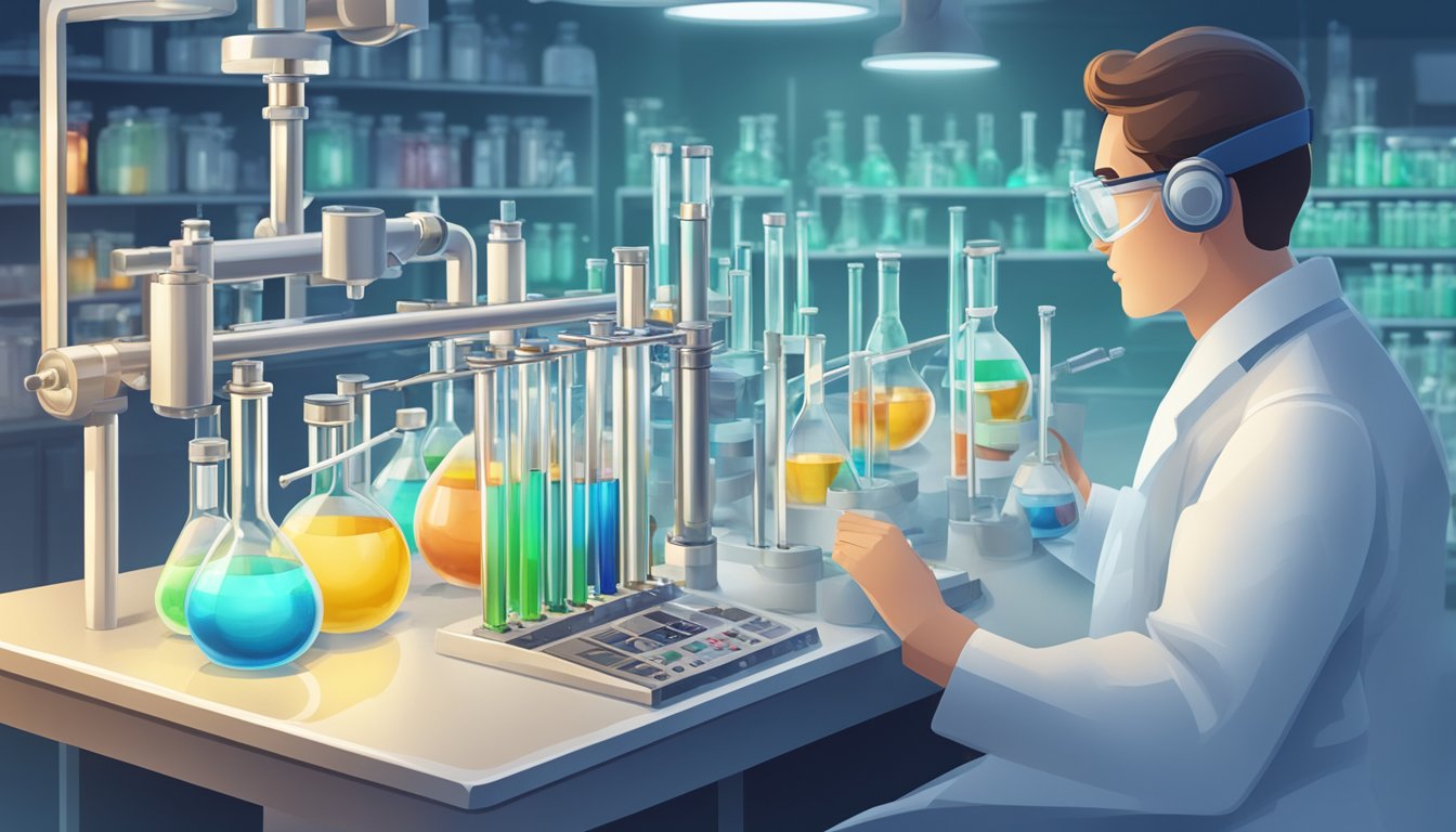 A laboratory setting with various test tubes and scientific equipment, focusing on a sample being analyzed for vanadium levels