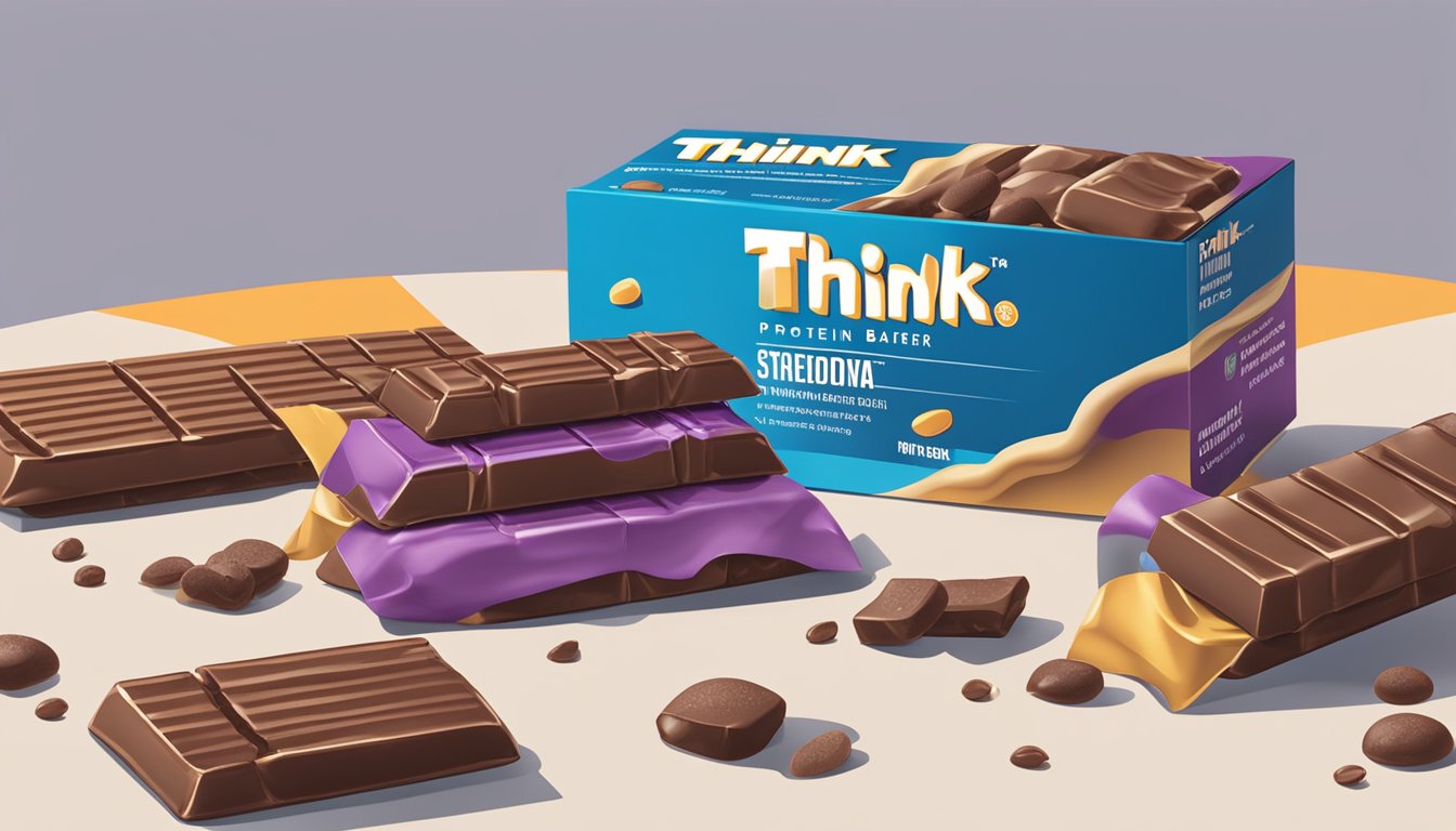 A stack of think protein bars, with a few scattered on a table